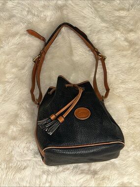 Dooney & Bourke Black Pebbled Leather Drawstring Bucket Bag with Brown Trim